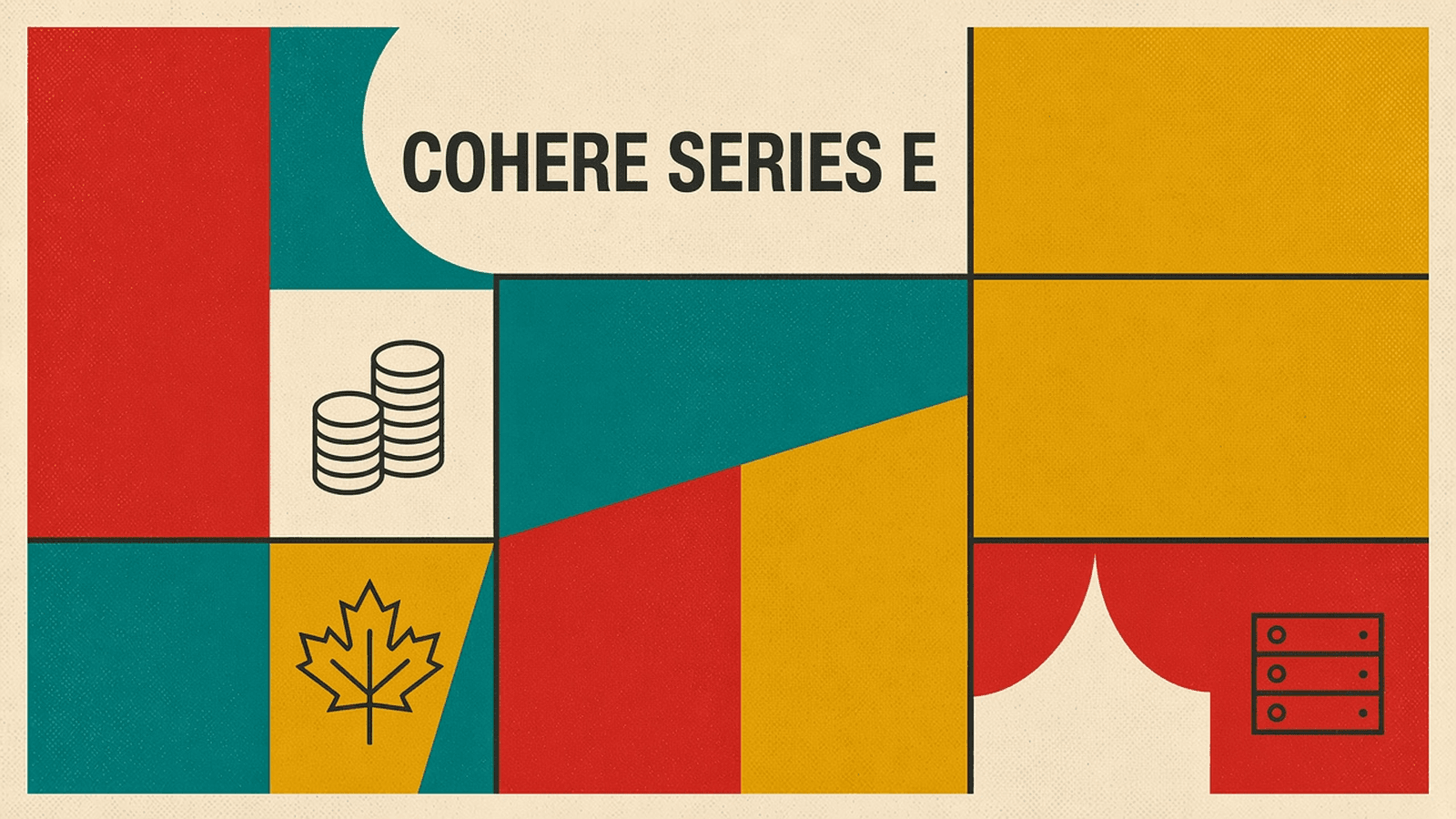 Olivetti-style cover on cream paper with red, mustard and teal blocks, thick charcoal rules and the title COHERE SERIES E in bold sans type, upper left.