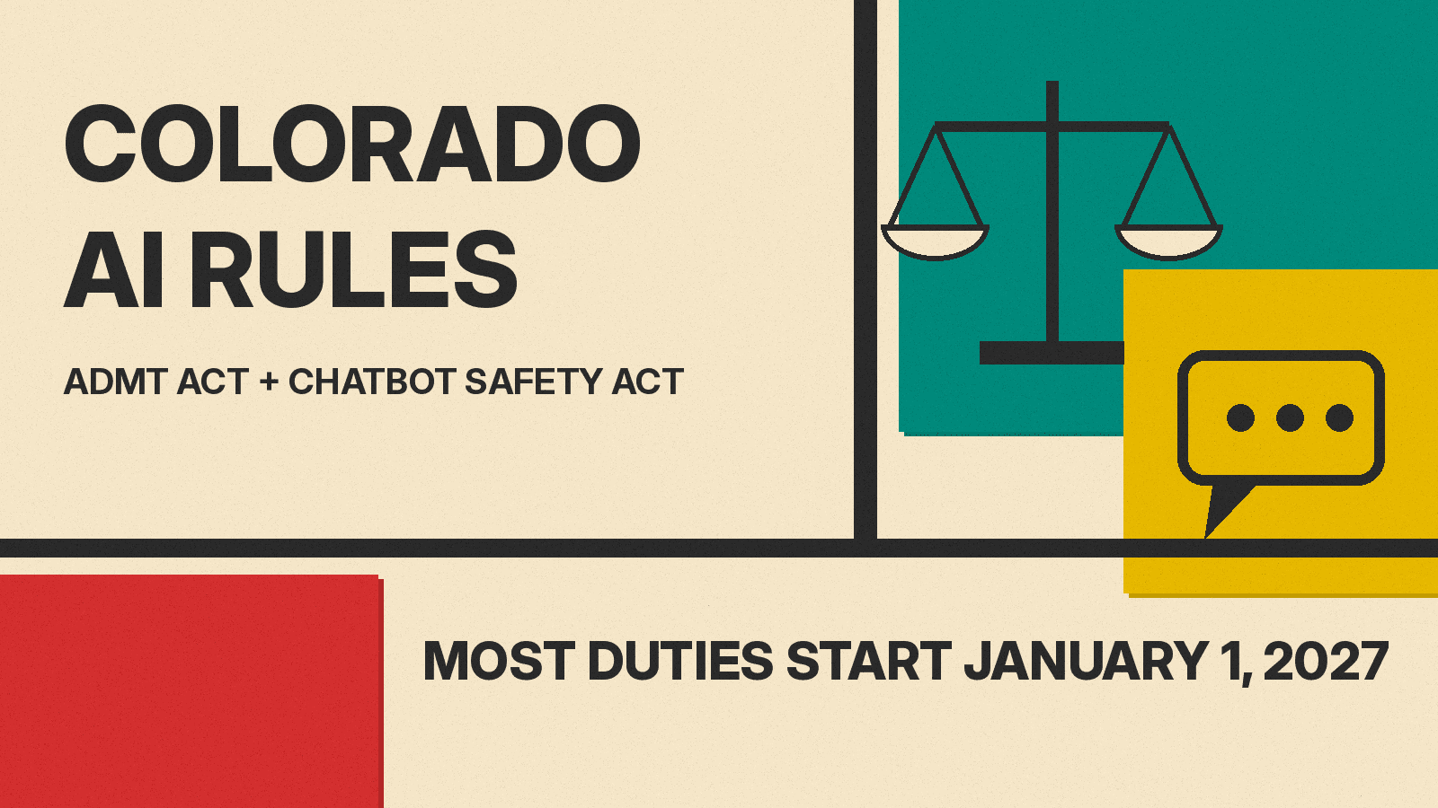 Olivetti-style poster with the title COLORADO AI RULES, a scales icon for automated decisions and a chat bubble icon for chatbots