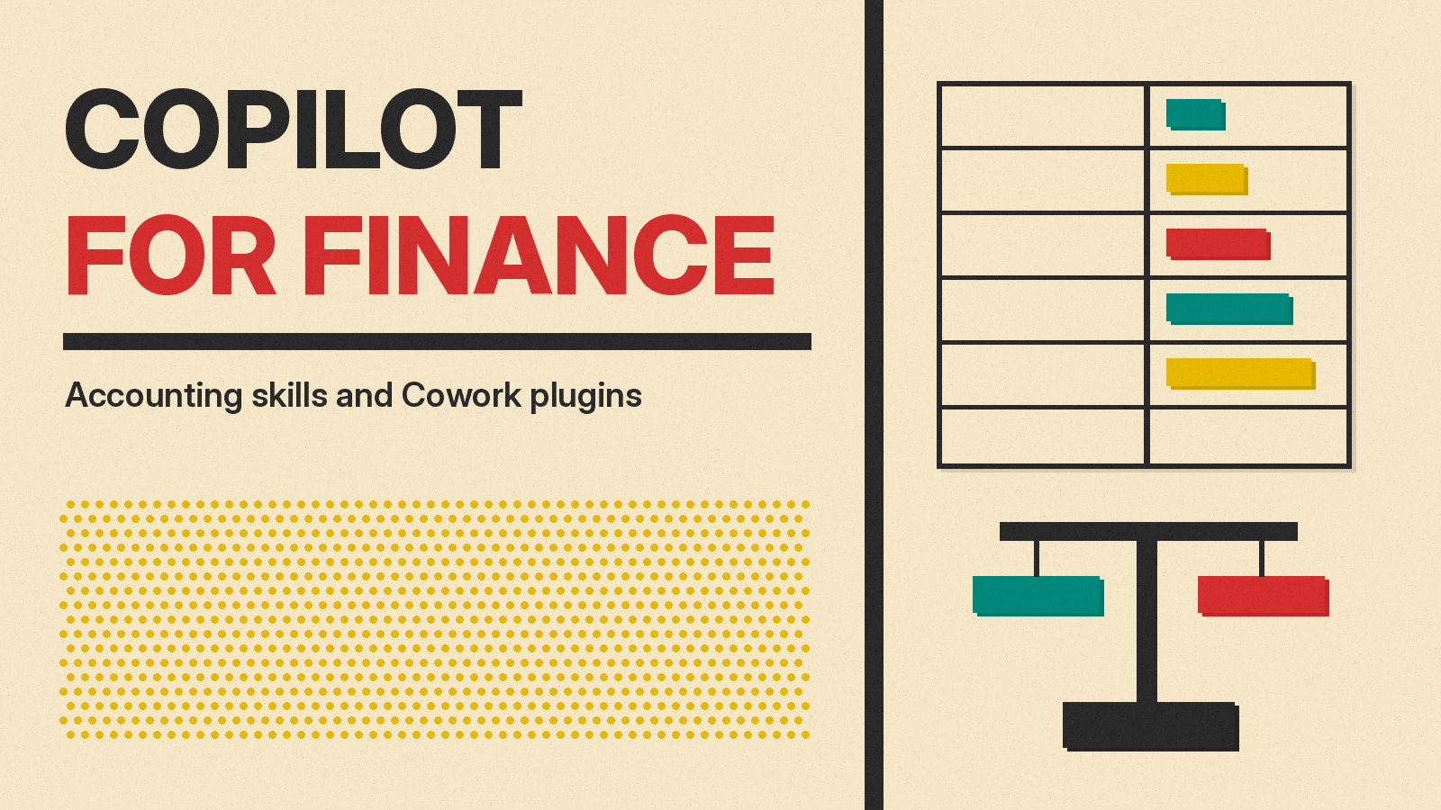 Olivetti-style cover reading Copilot for Finance, with a charcoal ledger grid of colored bars and a simple balance scale on cream paper