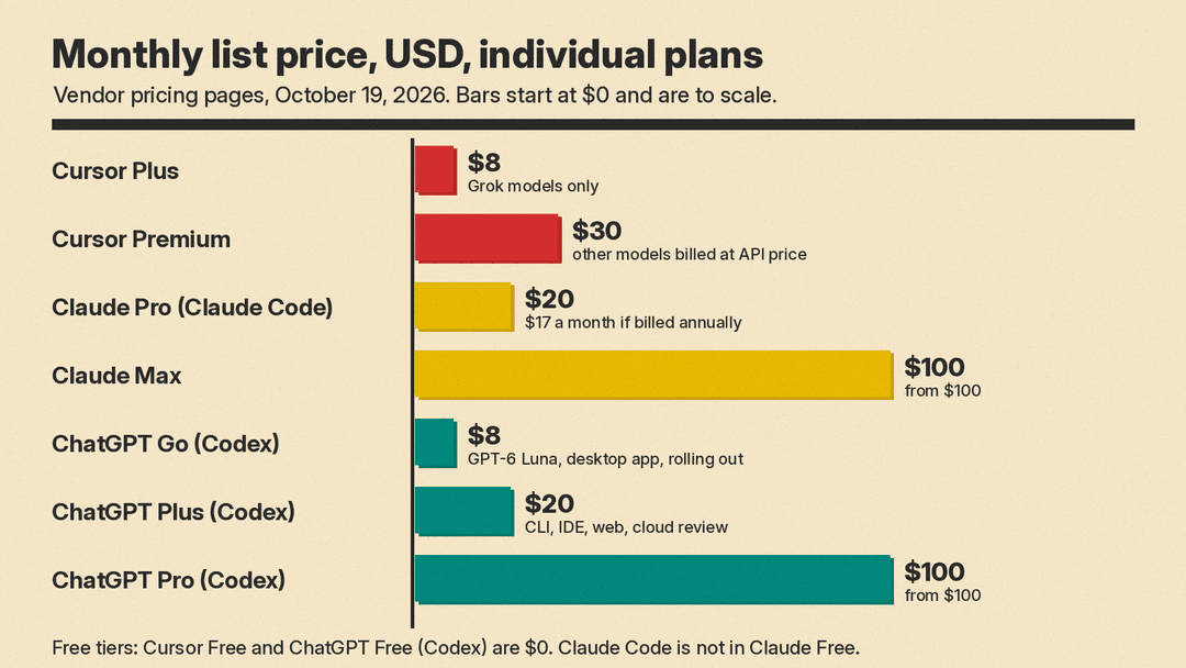 Starting monthly prices for Cursor, Claude Code and Codex, from vendor pricing pages on October 19, 2026