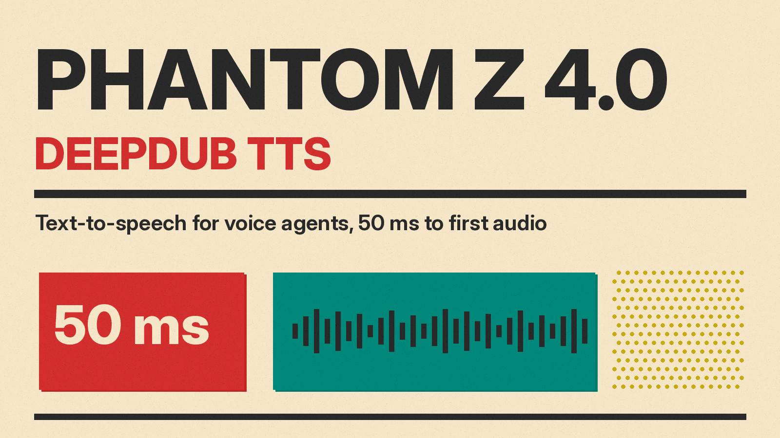 Olivetti-style cover reading Deepdub Phantom Z 4.0, text-to-speech for voice agents, with a red latency block and teal sound wave on cream paper