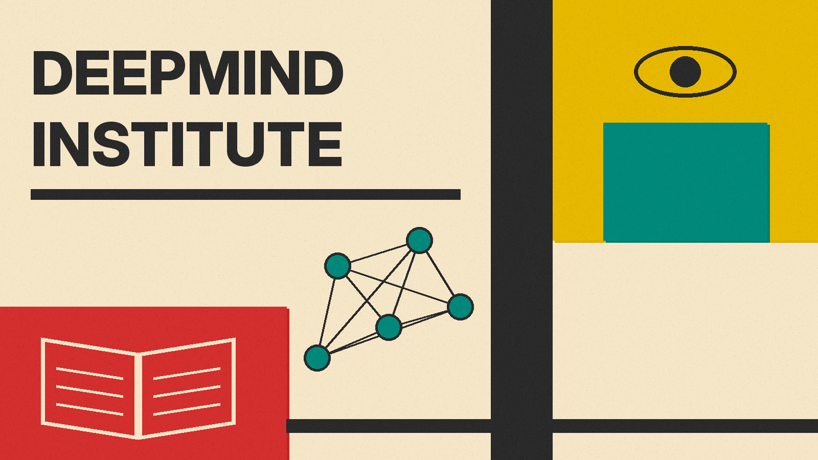 Olivetti-style cover reading DeepMind Institute, with an open book, a network of agent nodes and an eye on red, mustard and teal blocks