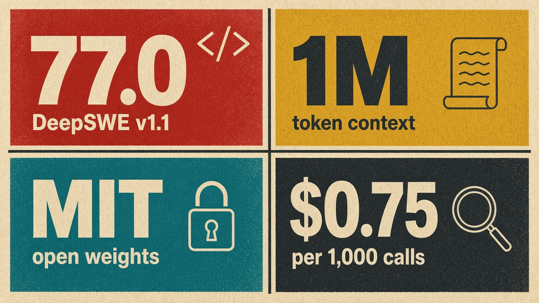 Key facts panel: 77.0 on DeepSWE v1.1, 1M token context, MIT license, $0.75 per 1,000 calls for Search and Fetch