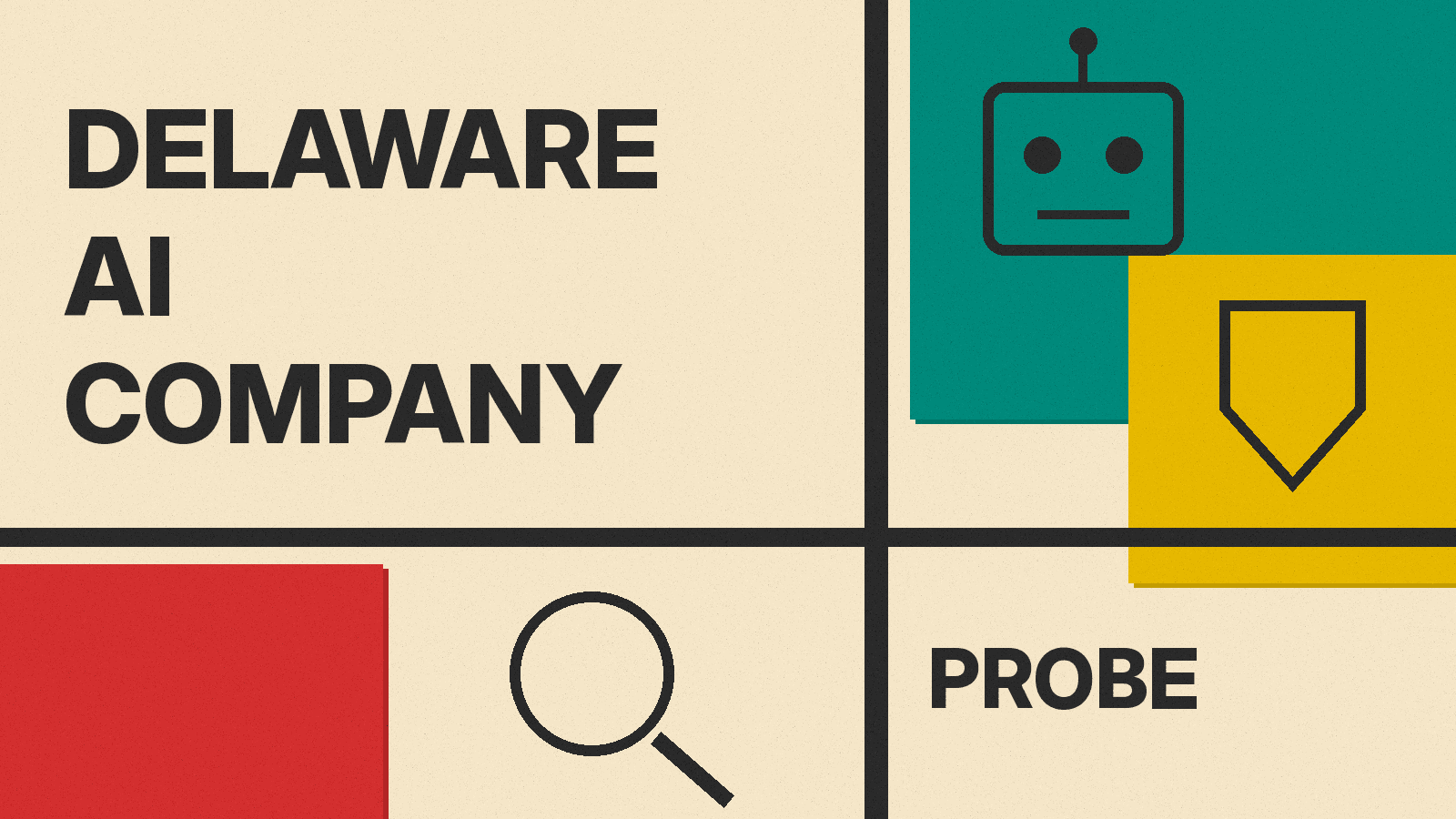 Olivetti-style poster with the title DELAWARE AI COMPANY, a robot head at a desk, a shield and a magnifying glass