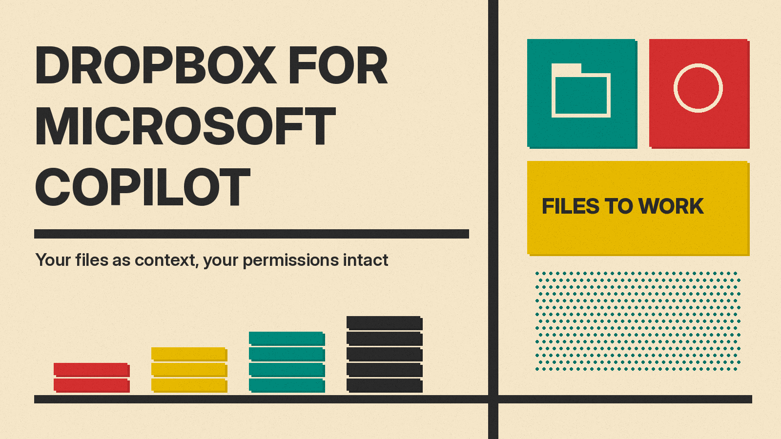 Olivetti-style cover reading Dropbox for Microsoft Copilot with teal, red and mustard blocks and a panel reading Files to Work
