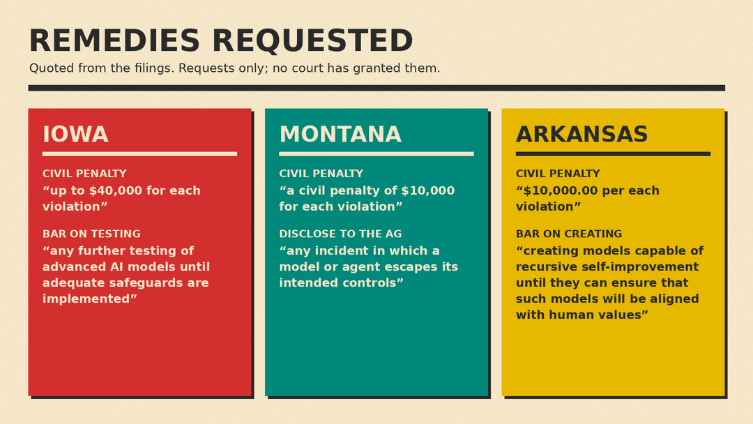 Selected remedies requested in the Iowa, Montana, and Arkansas filings, quoted from the filings; none granted