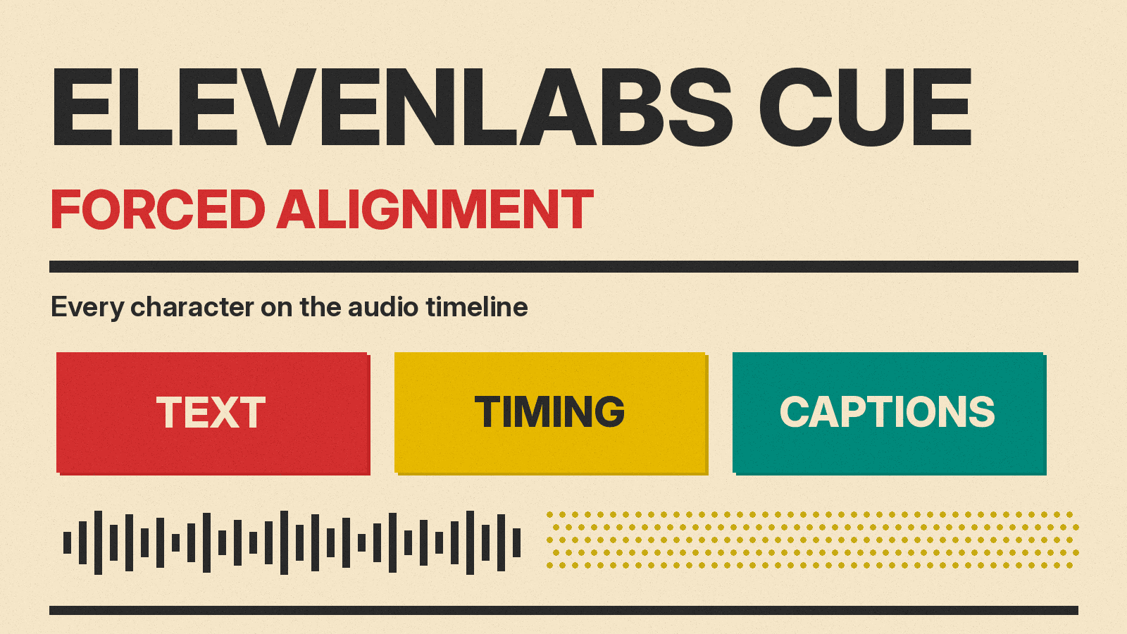Olivetti-style cover reading ElevenLabs Cue, Forced Alignment, with a sound wave and red, mustard and teal blocks for text, timing and captions on cream paper