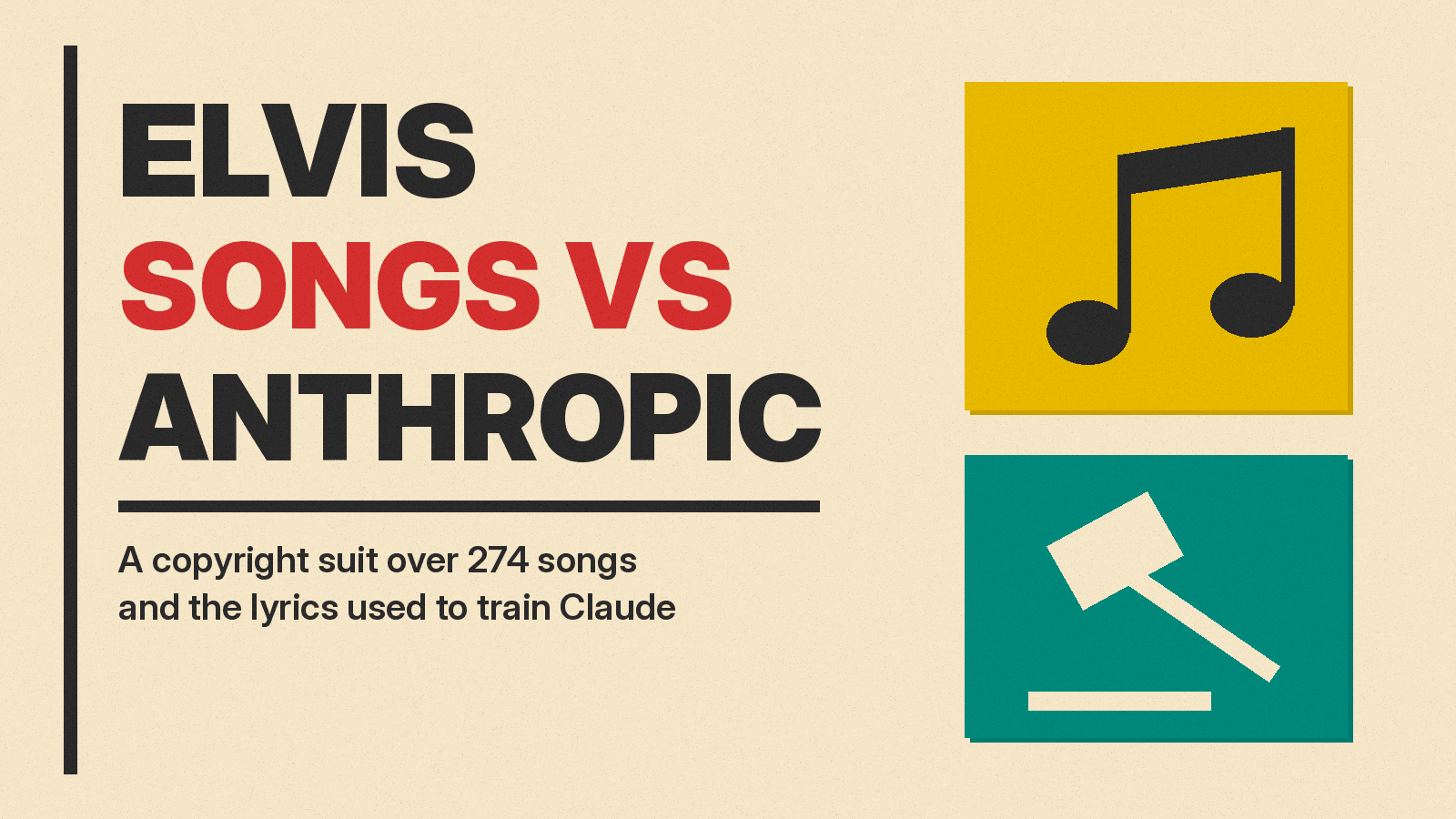 Olivetti-style cover reading ELVIS SONGS VS ANTHROPIC with a music note block and a gavel block