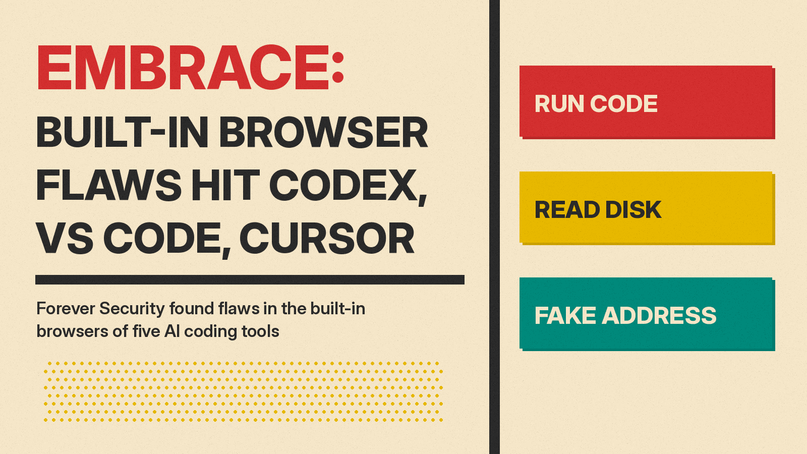 Olivetti-style cover reading EMBRACE: Built-In Browser Flaws Hit Codex, VS Code, Cursor, with red, mustard and teal blocks labeled run code, read disk and fake address