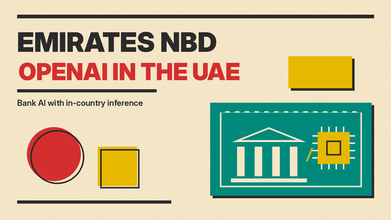 Olivetti-style cover reading EMIRATES NBD OPENAI IN THE UAE with flat red, mustard and teal blocks, a bank building and a chip icon inside a border frame