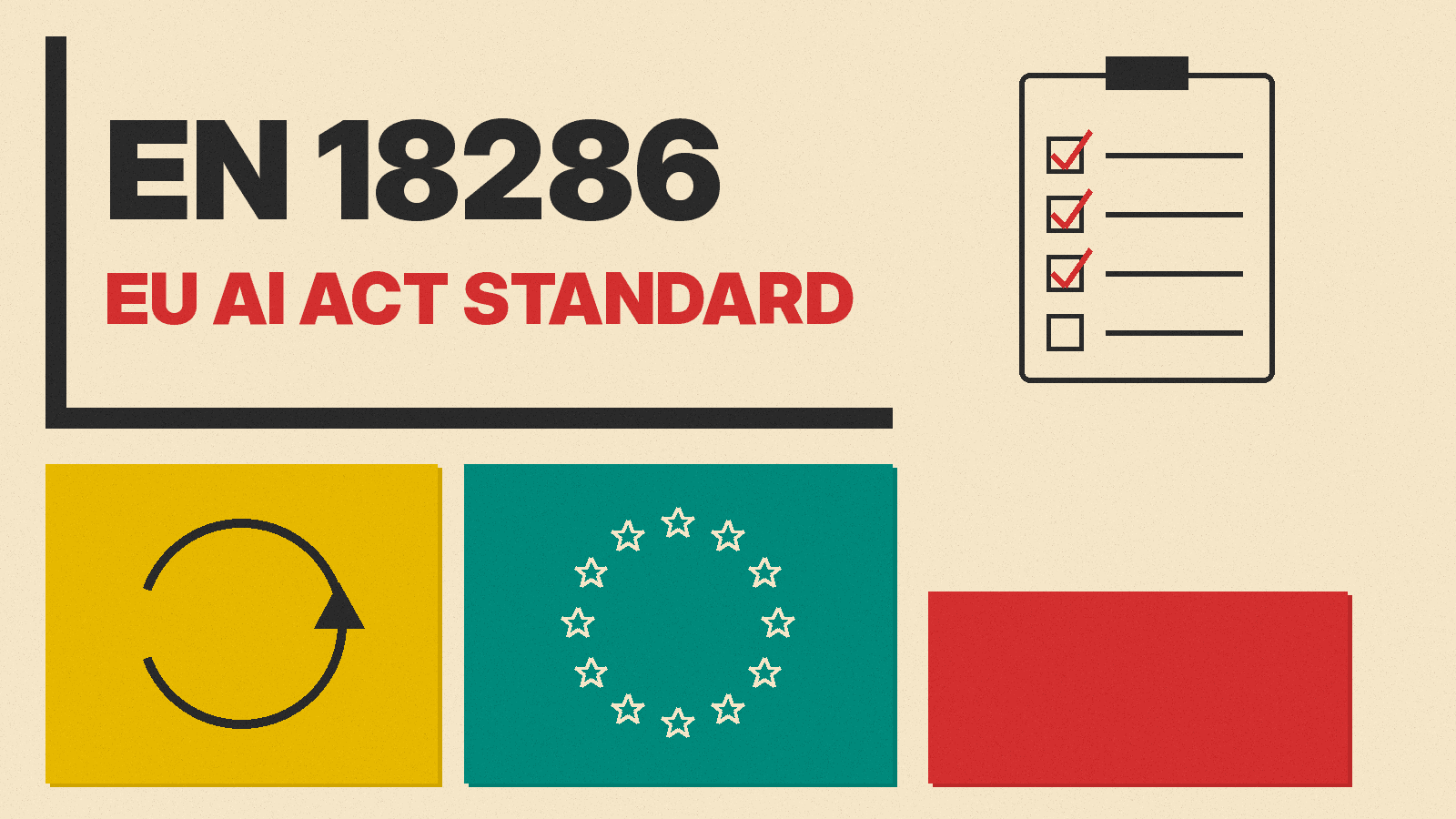 Olivetti-style cover reading EN 18286, EU AI Act standard, with a checklist and ring of stars in red, mustard and teal blocks
