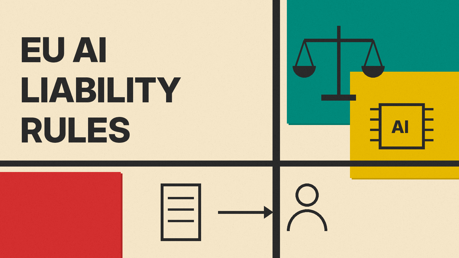 Olivetti-style poster with the title EU AI LIABILITY RULES, scales of justice, an AI chip, a document and a person