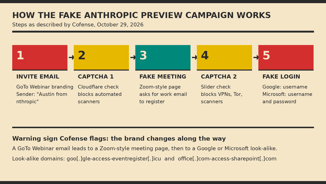 Diagram of the five steps in the fake Anthropic preview phishing campaign: invite email, Cloudflare CAPTCHA, fake Zoom-style meeting page, slider CAPTCHA, and fake Google or Microsoft login