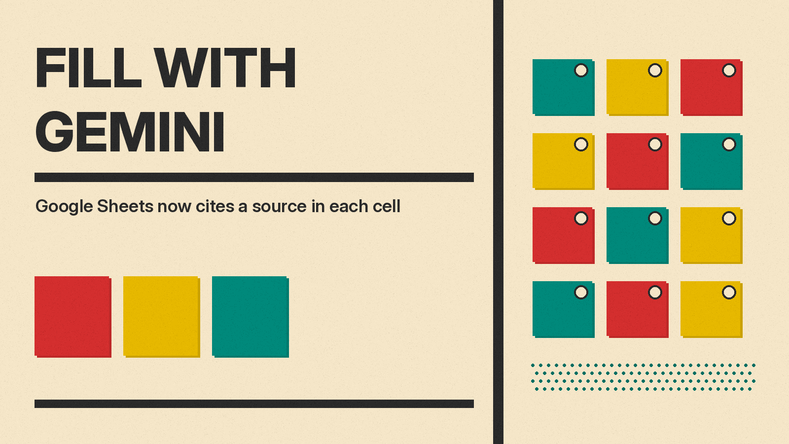 Olivetti-style cover reading Fill with Gemini, with a grid of red, mustard and teal spreadsheet cells, each marked with a small source dot