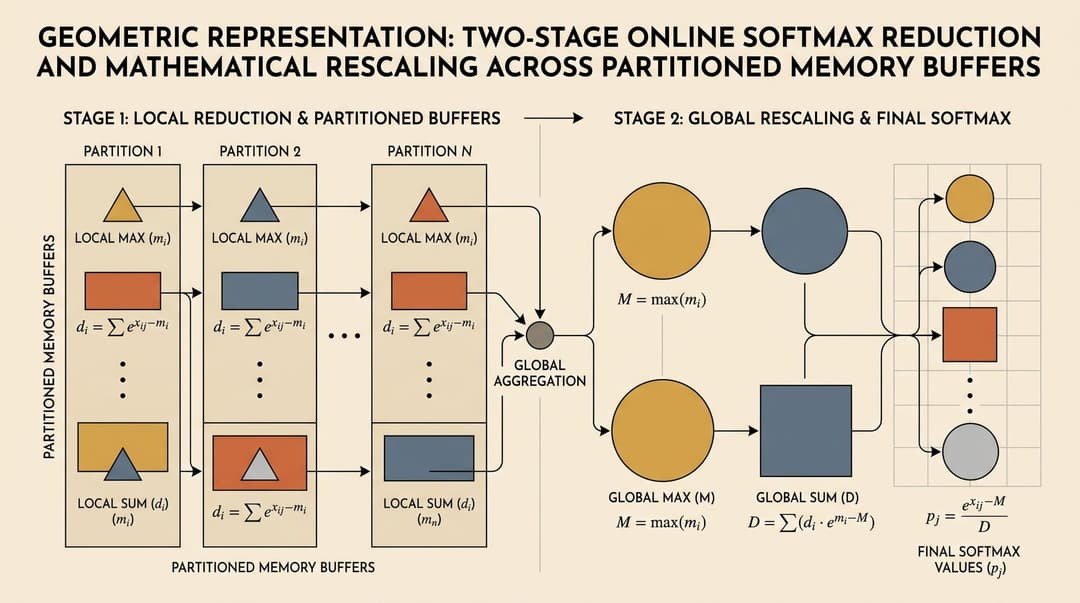 Online softmax reduction across split memory blocks