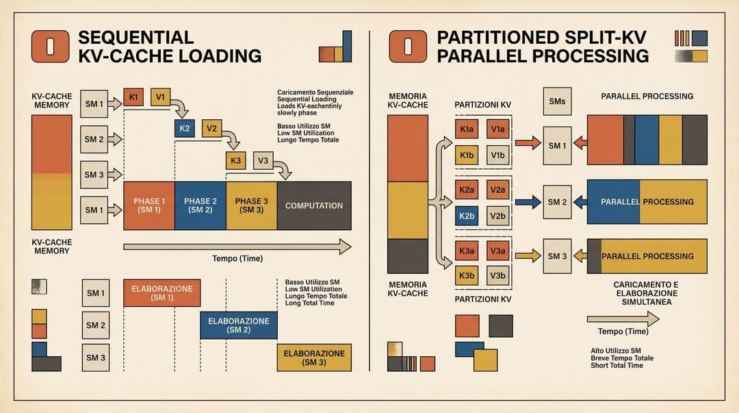 Split-KV parallel processing across GPU streaming multiprocessors