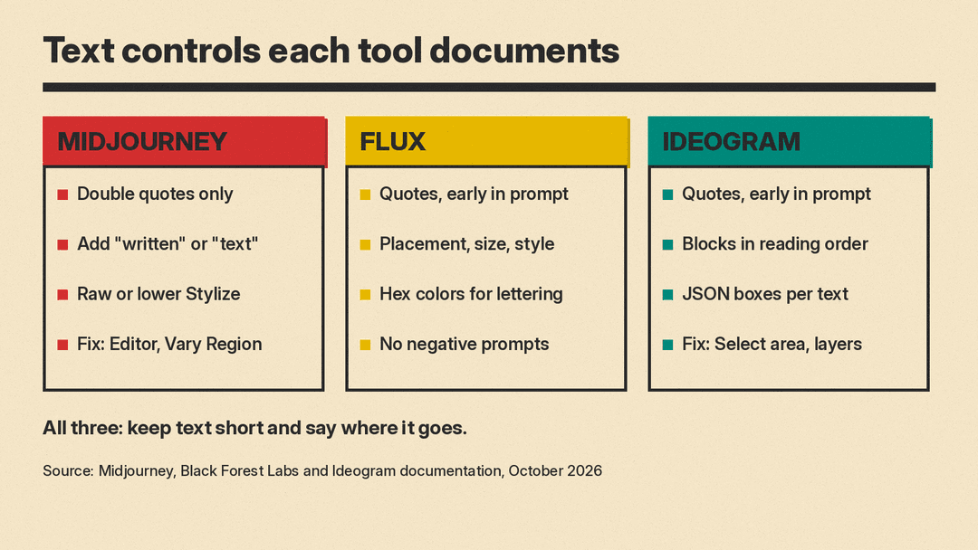 Comparison panel of text controls in Midjourney, FLUX and Ideogram
