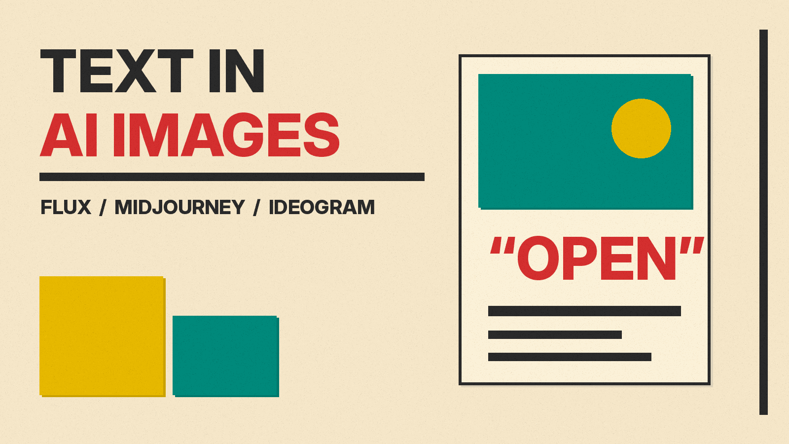Olivetti-style cover reading TEXT IN AI IMAGES: FLUX, MIDJOURNEY, IDEOGRAM, with a flat poster frame showing a quoted word