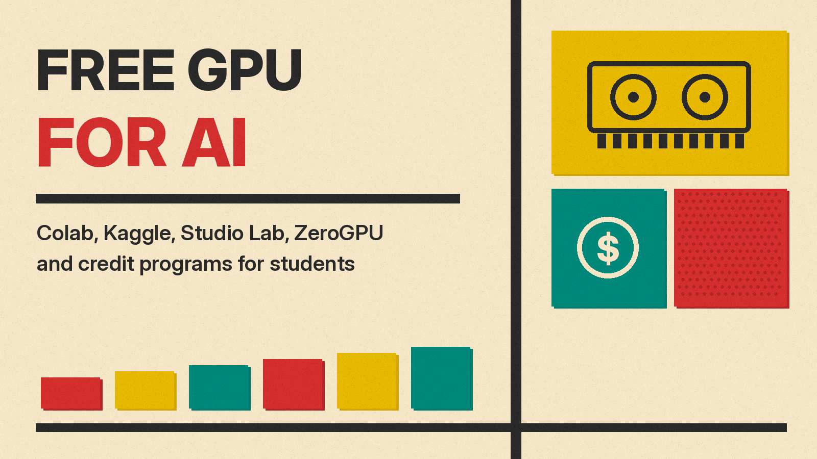 Olivetti-style cover reading FREE GPU FOR AI on cream paper, with a graphics card icon on a mustard block, a dollar coin on teal, and a red halftone block.