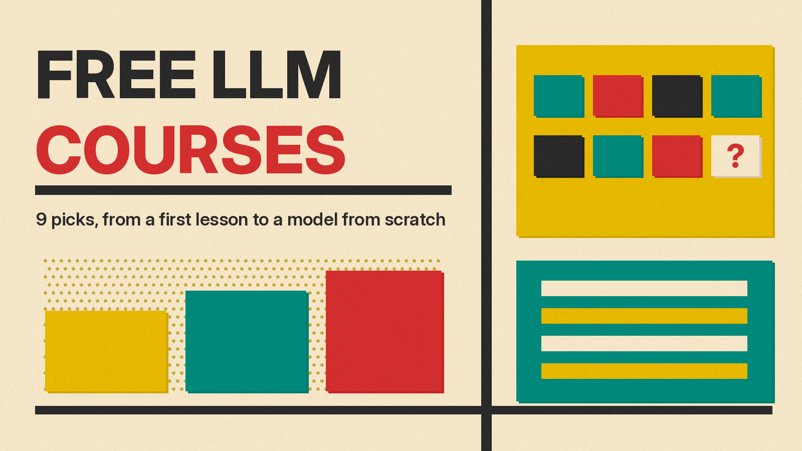 Olivetti-style cover reading FREE LLM COURSES on cream paper, with a row of colored token blocks ending in a question mark and stacked layer bars.