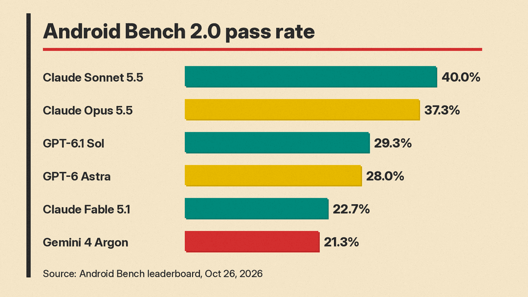 Bar chart of Android Bench 2.0 pass rates on October 26, 2026: Claude Sonnet 5.5 40.0%, Claude Opus 5.5 37.3%, GPT-6.1 Sol 29.3%, GPT-6 Astra 28.0%, Claude Fable 5.1 22.7%, Gemini 4 Argon 21.3%