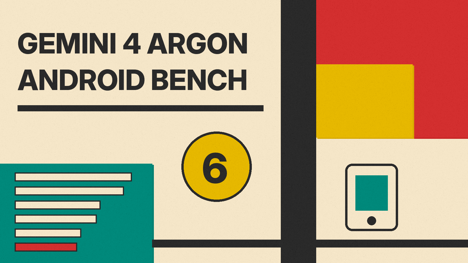 Olivetti-style cover reading Gemini 4 Argon Android Bench, with a ranked bar stack and a sixth-place marker on red, mustard and teal blocks