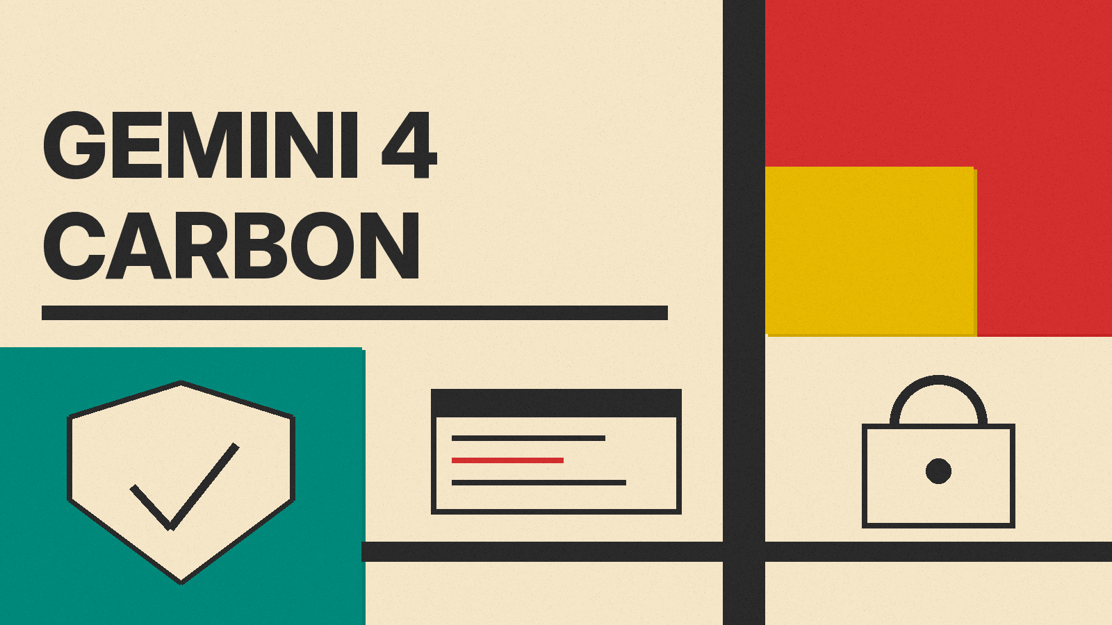 Olivetti-style cover with the words Gemini 4 Carbon, a shield icon and a code window on red, mustard and teal blocks