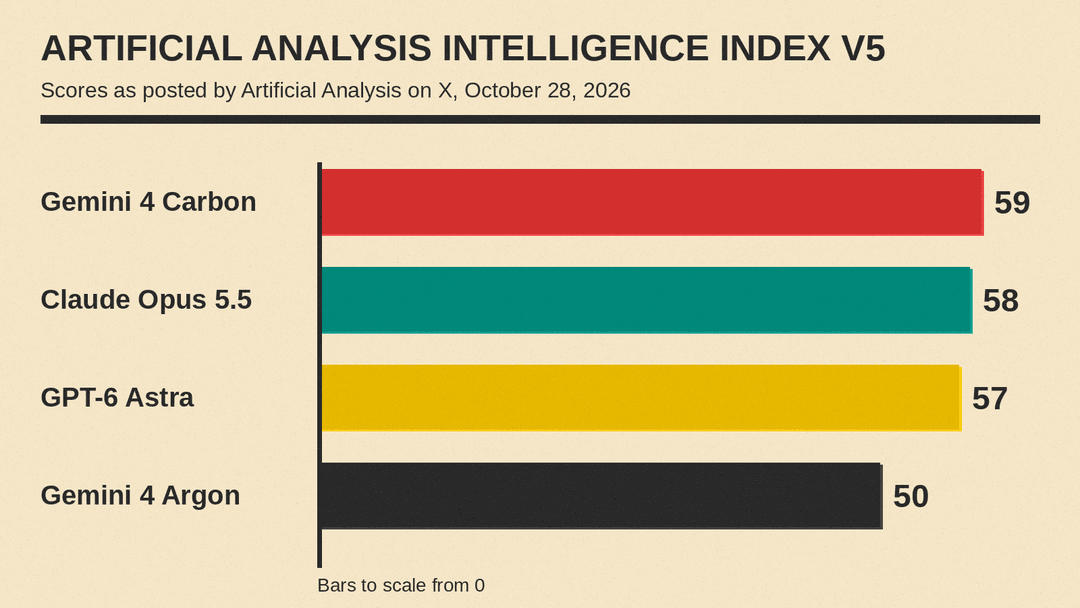 Artificial Analysis Intelligence Index v5 scores: Gemini 4 Carbon 59, Claude Opus 5.5 58, GPT-6 Astra 57, Gemini 4 Argon 50