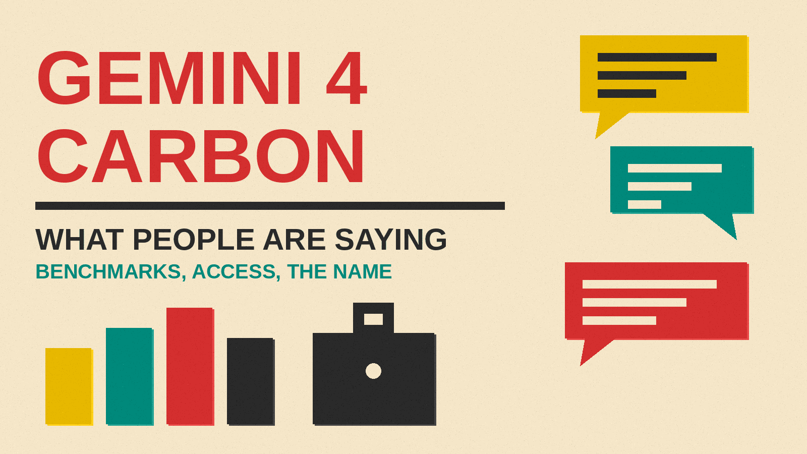 Olivetti-style cover reading Gemini 4 Carbon, What People Are Saying, with bar chart blocks, a padlock and speech bubbles