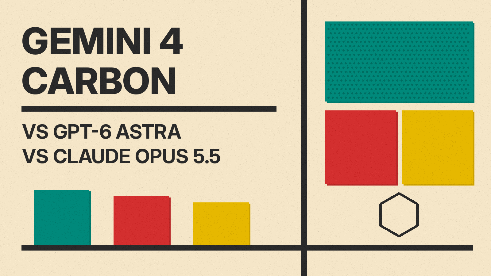 Olivetti-style cover reading GEMINI 4 CARBON VS GPT-6 ASTRA VS CLAUDE OPUS 5.5 on cream paper, with teal, red and mustard blocks, three bars and a hexagon icon.