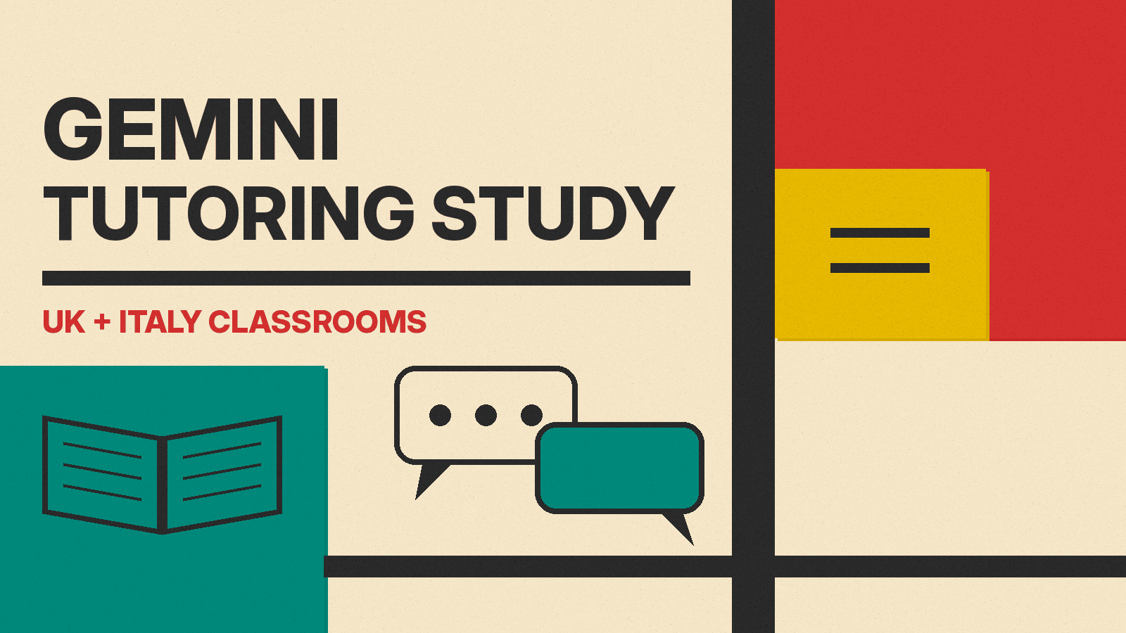Olivetti-style cover reading GEMINI TUTORING STUDY, UK + ITALY CLASSROOMS, with an open book, two speech bubbles and red, mustard and teal blocks.