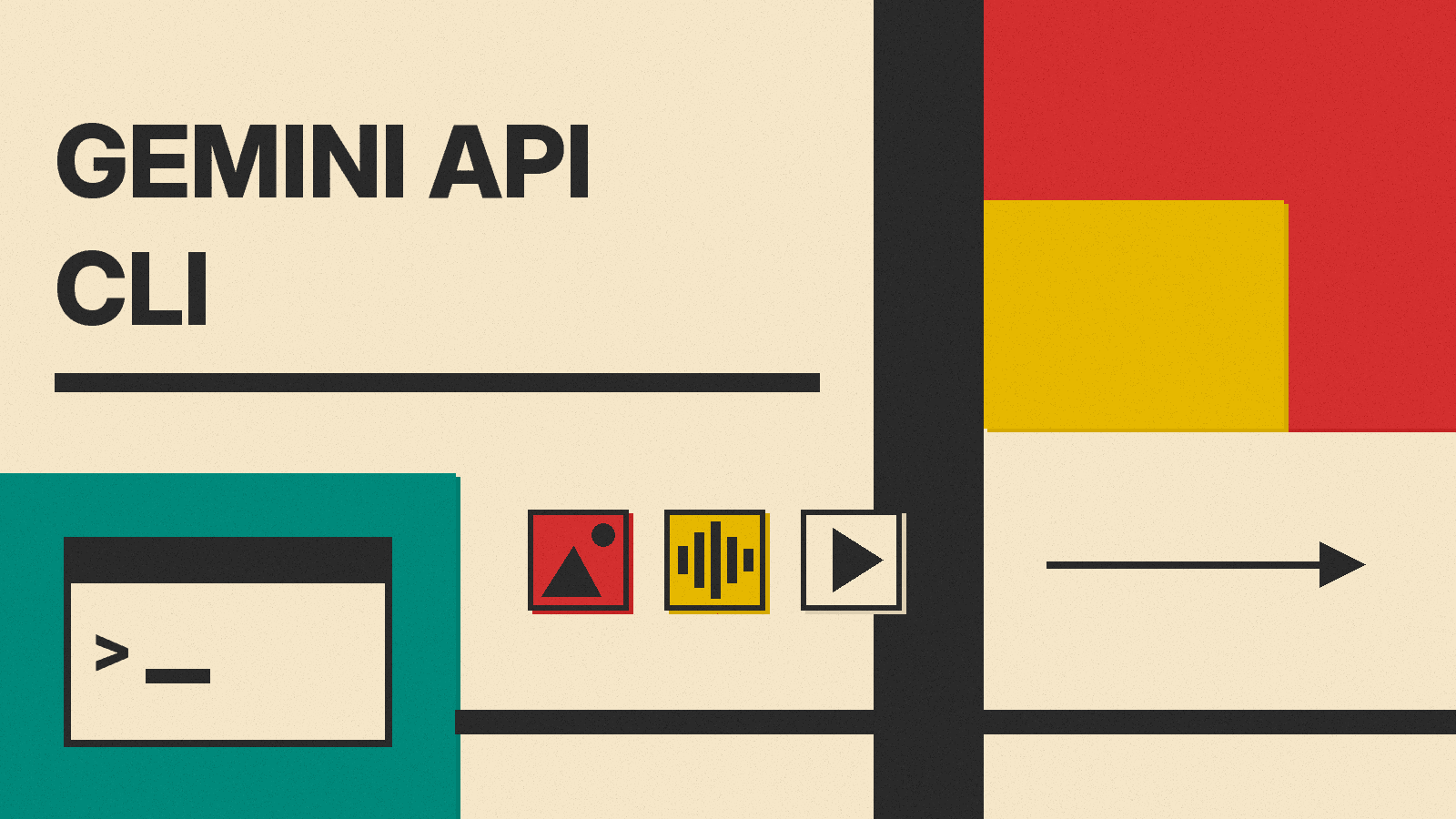 Olivetti-style cover reading Gemini API CLI, with a terminal window, a prompt cursor and image, sound and video icons on red, mustard and teal blocks