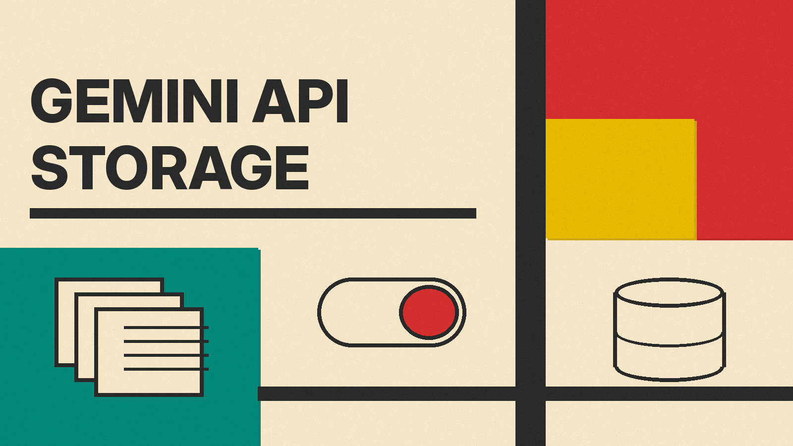 Olivetti-style cover with the words Gemini API Storage, a document stack icon and a toggle switch on red, mustard and teal blocks