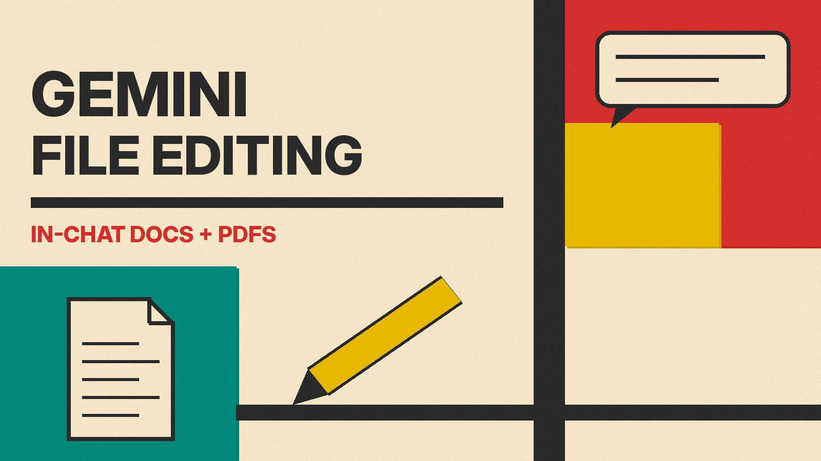 Olivetti-style cover reading GEMINI FILE EDITING, IN-CHAT DOCS + PDFS, with a document, a pencil and red, mustard and teal blocks.