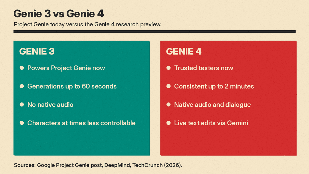 Two-column comparison. Genie 3: powers Project Genie now, generations up to 60 seconds, no native audio, characters at times less controllable. Genie 4: trusted testers now, consistent up to 2 minutes per TechCrunch, native audio and dialogue, live text edits via Gemini.