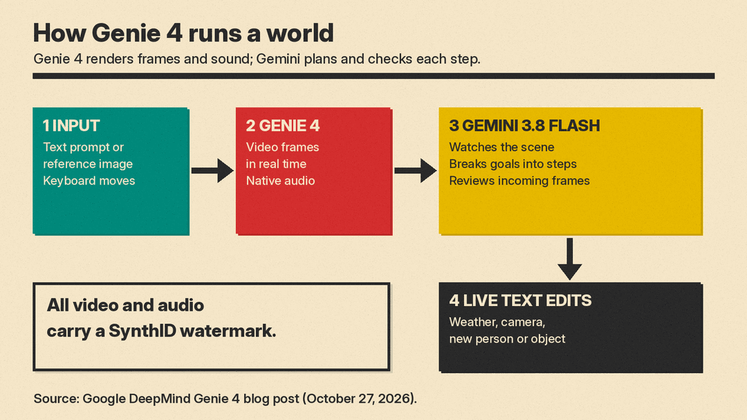 Flow diagram of how Genie 4 runs a world: a text prompt, reference image or keyboard input; Genie 4 renders video frames and native audio; Gemini 3.8 Flash watches the scene, breaks goals into steps and reviews incoming frames; live text edits change the weather, camera or add a person or object. All output carries SynthID.