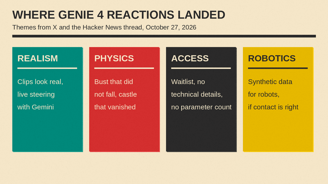 Four themes in the Genie 4 reactions: realism praise, physics and consistency errors, access and openness complaints, and robotics training data