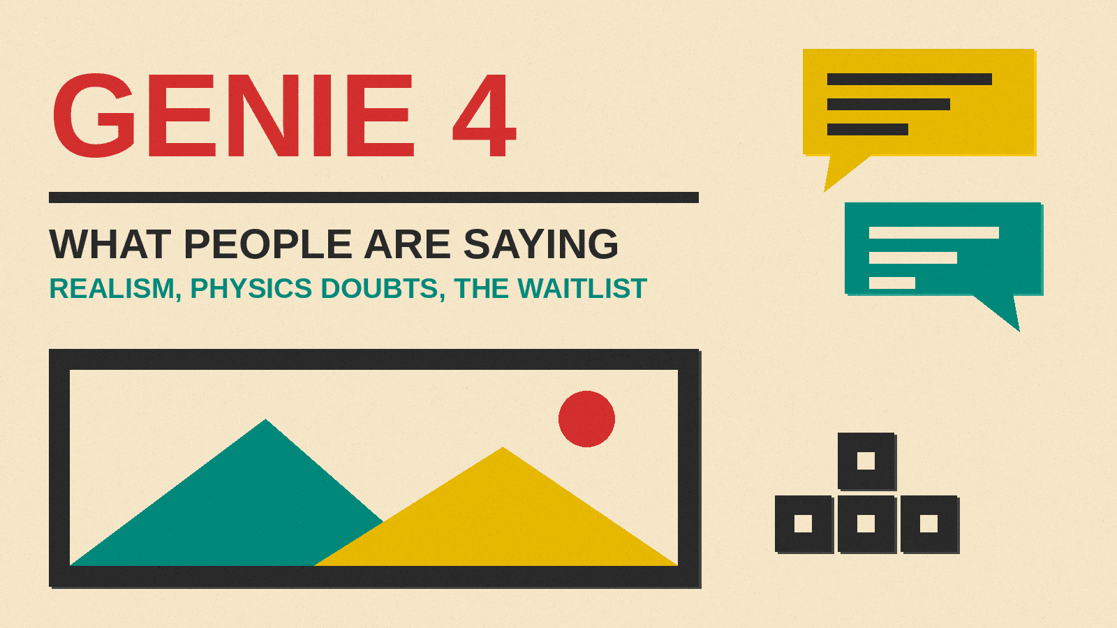 Olivetti-style cover reading Genie 4, What People Are Saying, with a window frame, speech bubbles and arrow keys