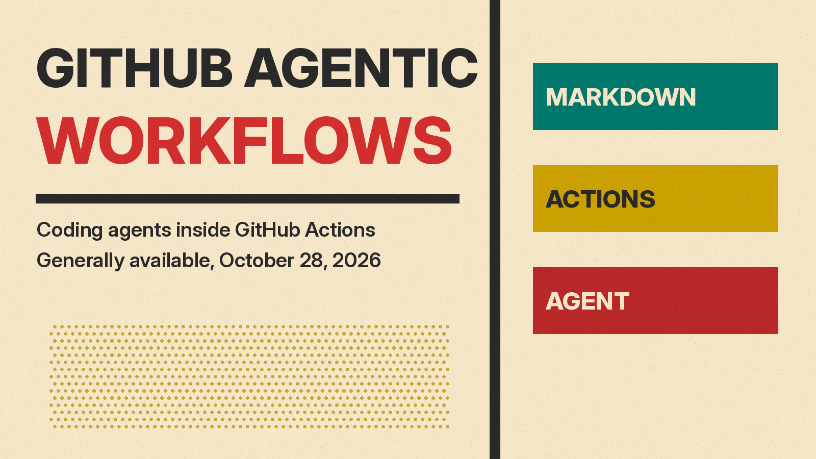 Olivetti-style poster reading GitHub Agentic Workflows, generally available October 28, 2026, with Markdown, Actions and Agent blocks on cream paper.