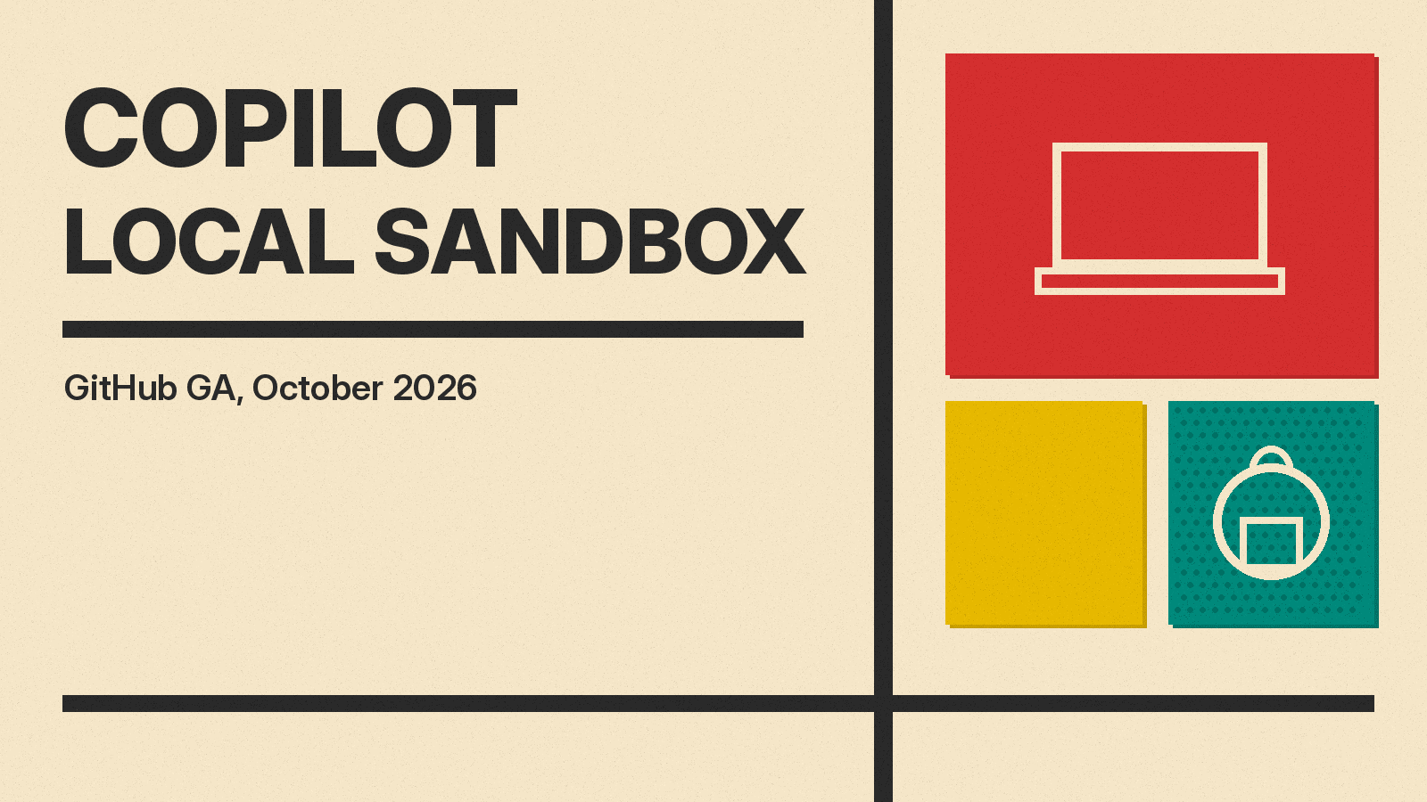 Olivetti-style cover graphic with title COPILOT LOCAL SANDBOX on cream paper with red, mustard, and teal blocks