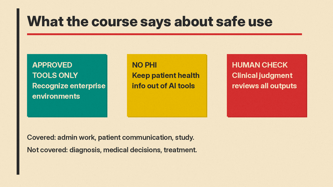 How the course frames safe AI use in healthcare