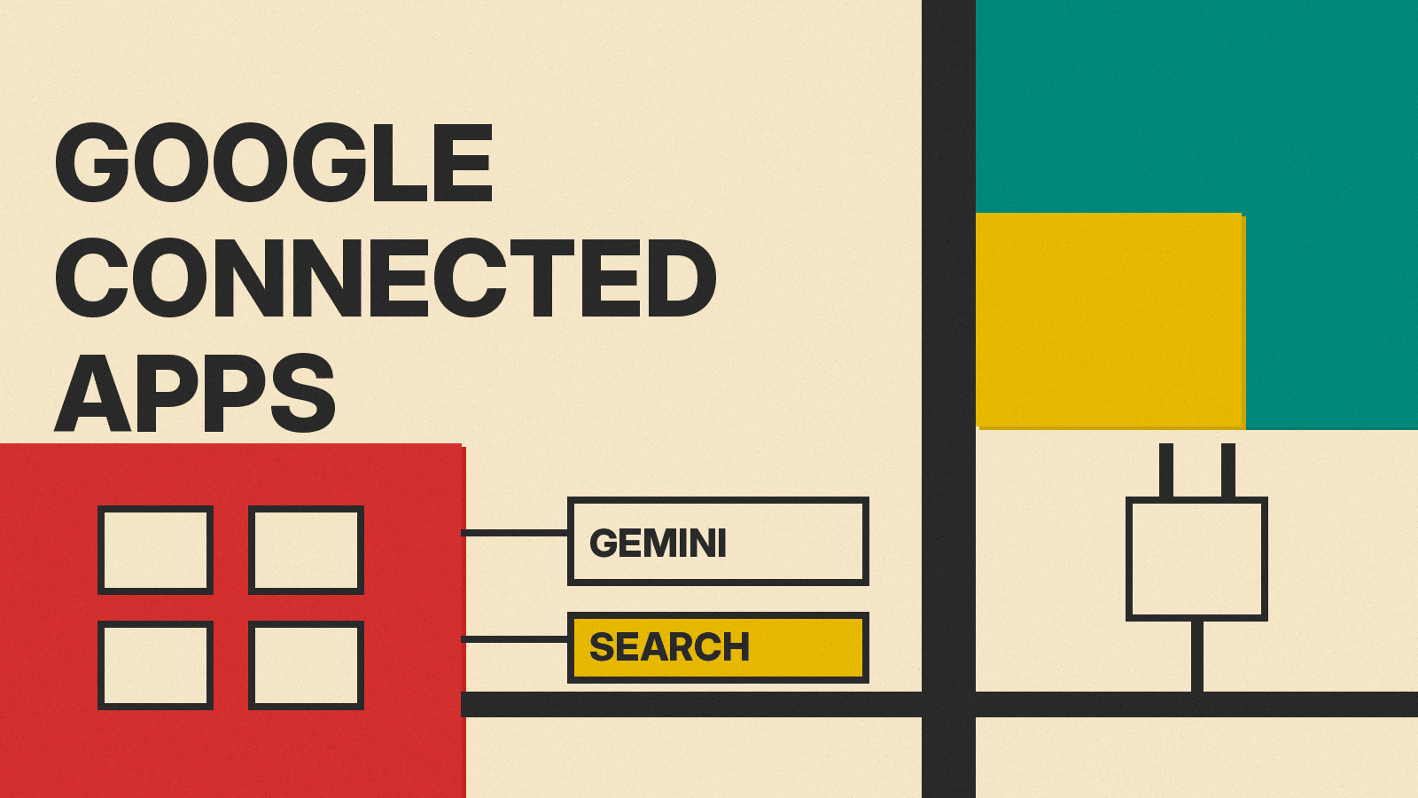 Olivetti-style illustration of app tiles plugging into Gemini and Search panels