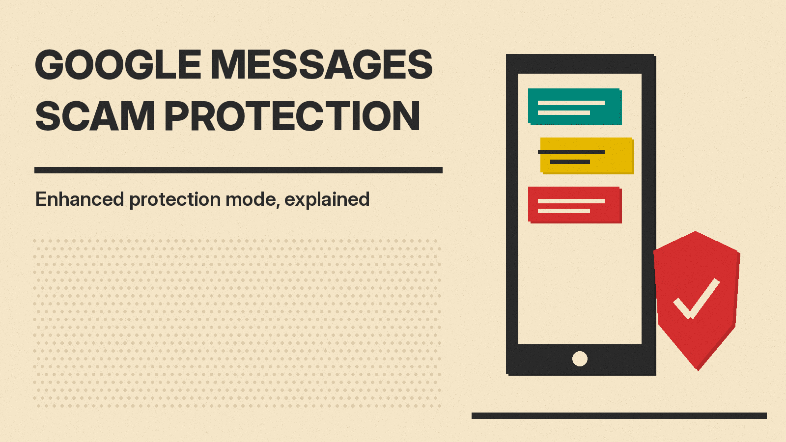 Olivetti style cover reading Google Messages Scam Protection with a phone, a chat bubble and a shield in red, mustard and teal