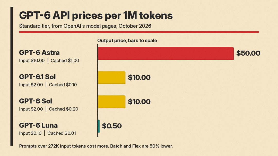 Bar chart of GPT-6 API output prices per 1M tokens, drawn to scale: GPT-6 Astra $50.00, GPT-6.1 Sol $10.00, GPT-6 Sol $10.00, GPT-6 Luna $0.50, with input and cached input prices listed under each model