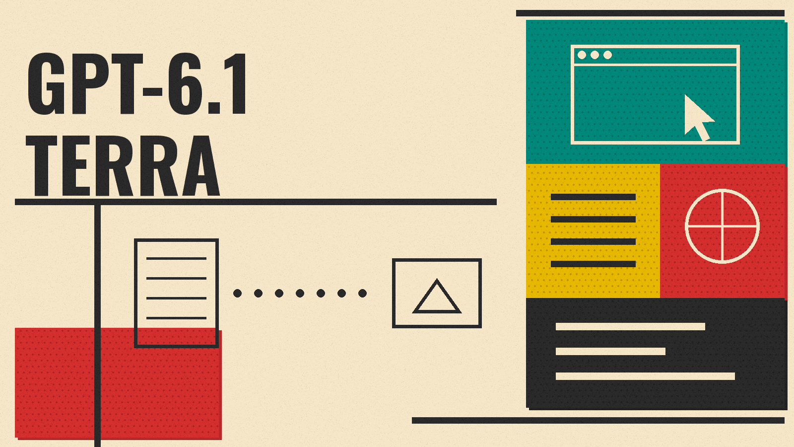 Olivetti-style cover reading GPT-6.1 TERRA, with a desktop window and cursor on a teal block, form lines, a globe and speed lines on cream paper