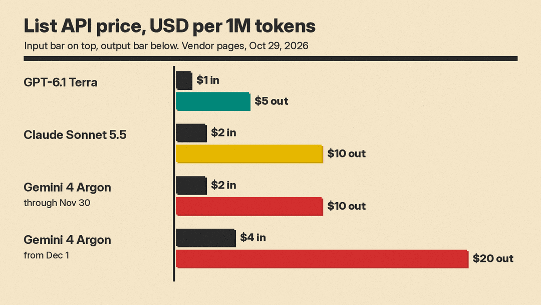 Bar chart of list API prices per million tokens: GPT-6.1 Terra $1 input and $5 output, Claude Sonnet 5.5 $2 input and $10 output, Gemini 4 Argon $2 input and $10 output through Nov 30 and $4 input and $20 output from Dec 1