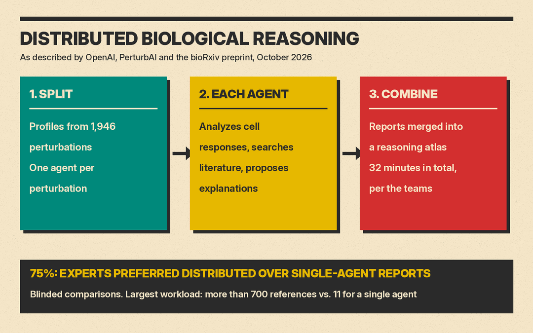 Flow of the GPT-Rosalind distributed agent analysis, as described by OpenAI, PerturbAI and the preprint