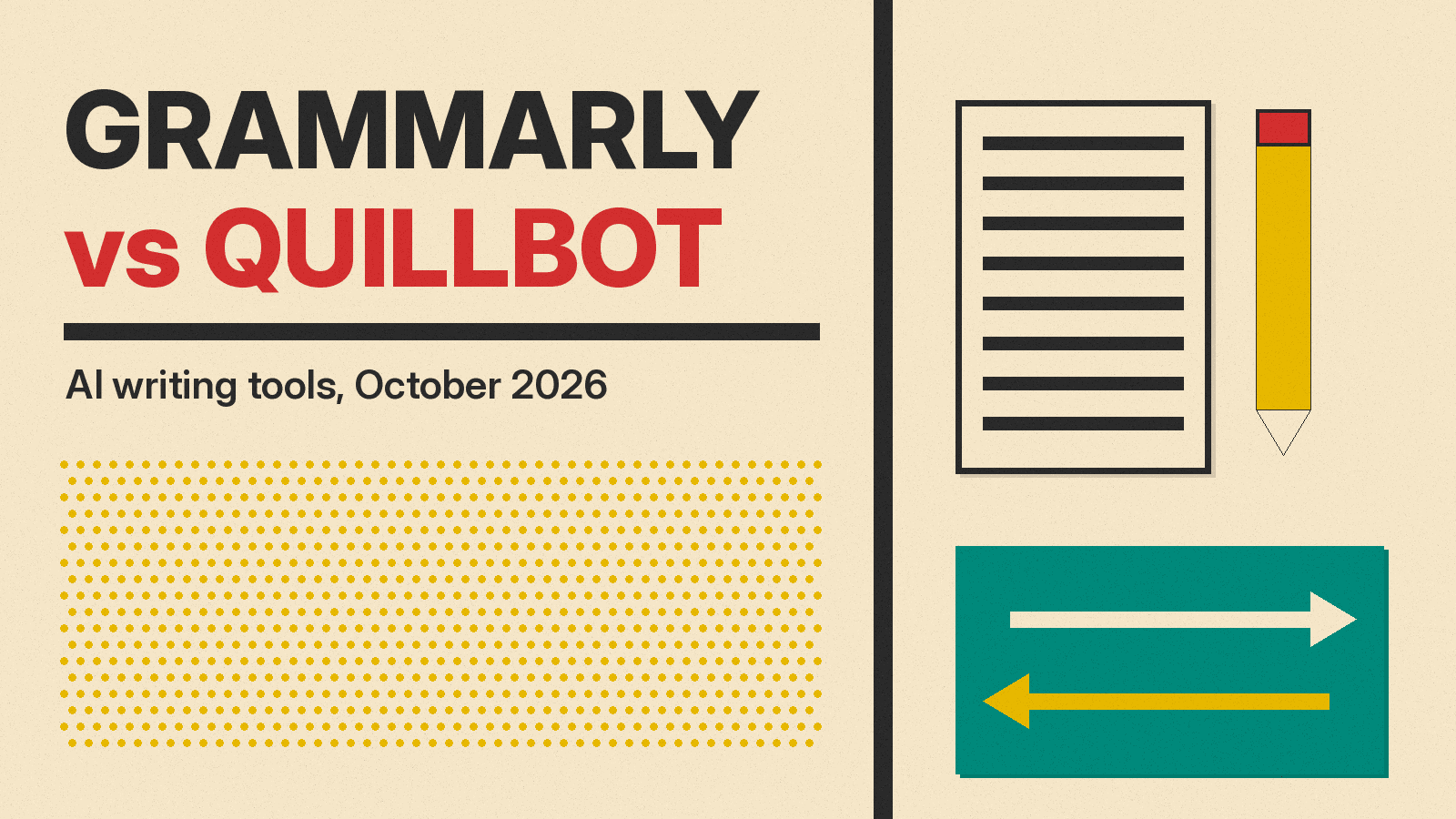Olivetti-style cover reading Grammarly vs QuillBot, with a pencil, a text page and two swap arrows in red, teal and mustard on cream paper