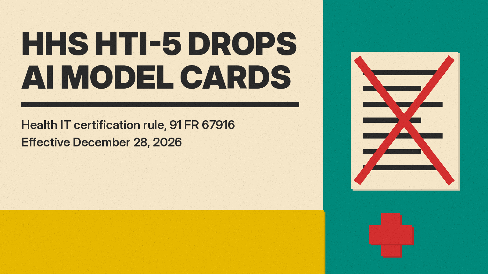 Olivetti-style poster titled HHS HTI-5 DROPS AI MODEL CARDS with a crossed-out label card and a red medical cross on teal