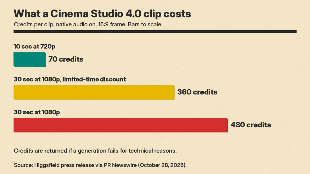 Bar chart of Cinema Studio 4.0 credit costs: 70 credits for 10 seconds at 720p, 360 credits for 30 seconds at 1080p with the limited-time discount, 480 credits at the full rate